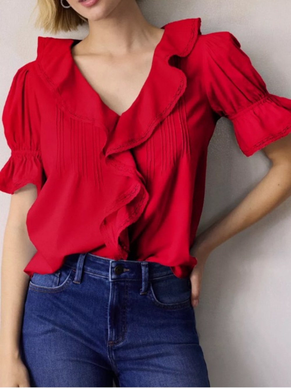 Red Ruffle-Front Puff Sleeve Blouse - Picture 6 of 7